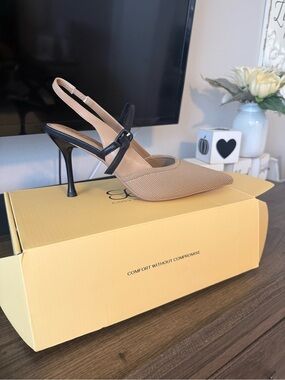 Pointed Slingback Heels in Beige with Black Strap